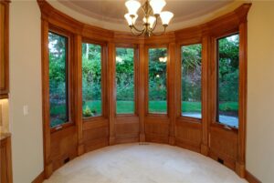 Brown wood bow windows