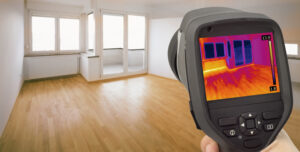 A thermal image scanner pointed at household windows to show heat leaking through.