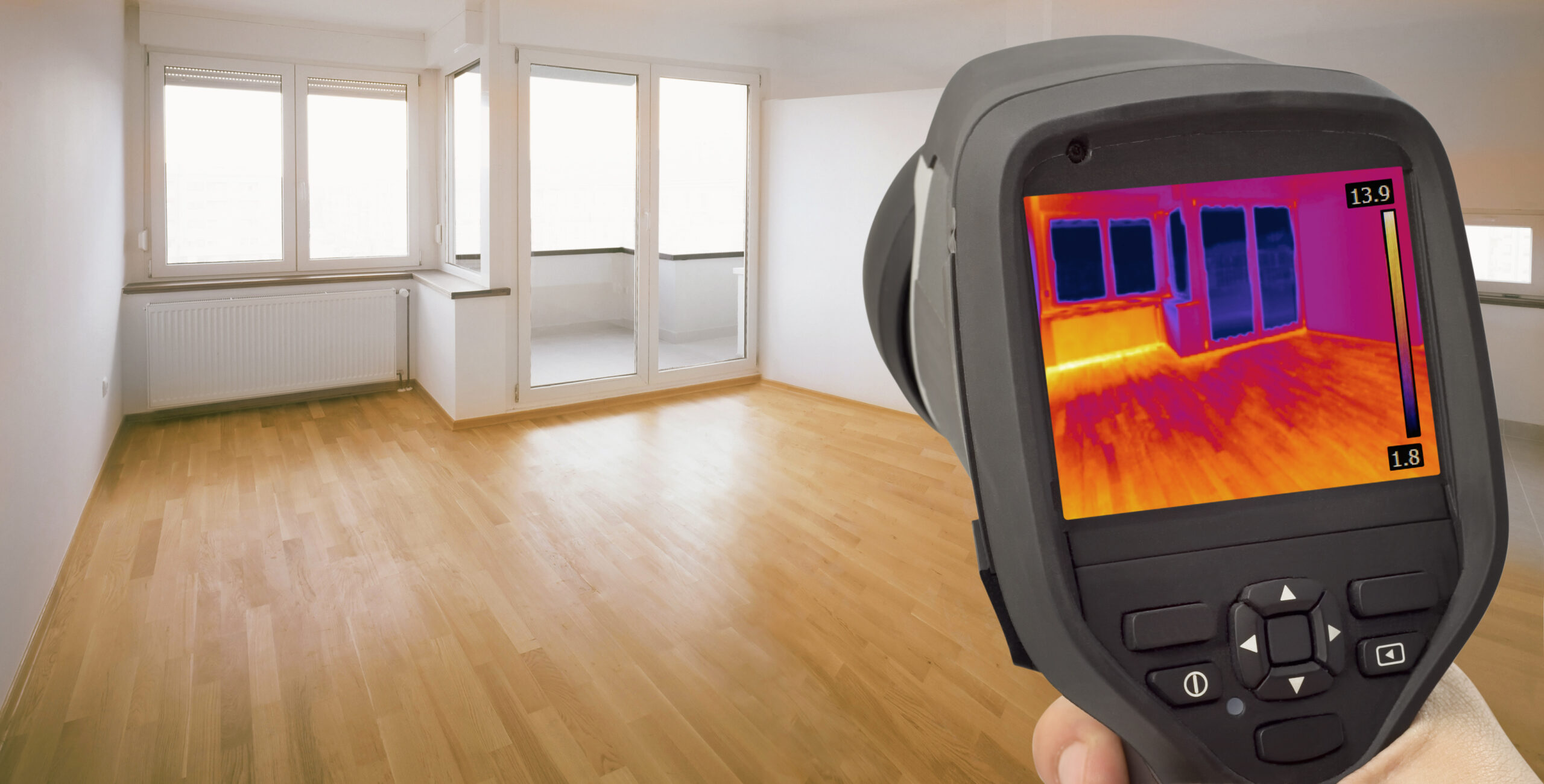 A thermal image scanner pointed at household windows to show heat leaking through.